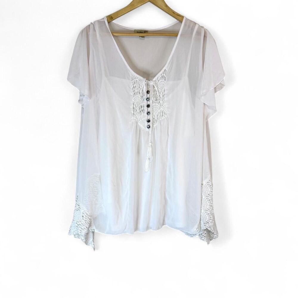 One World Blouse Peasant Lace Up Crochet White Plus Size 3X